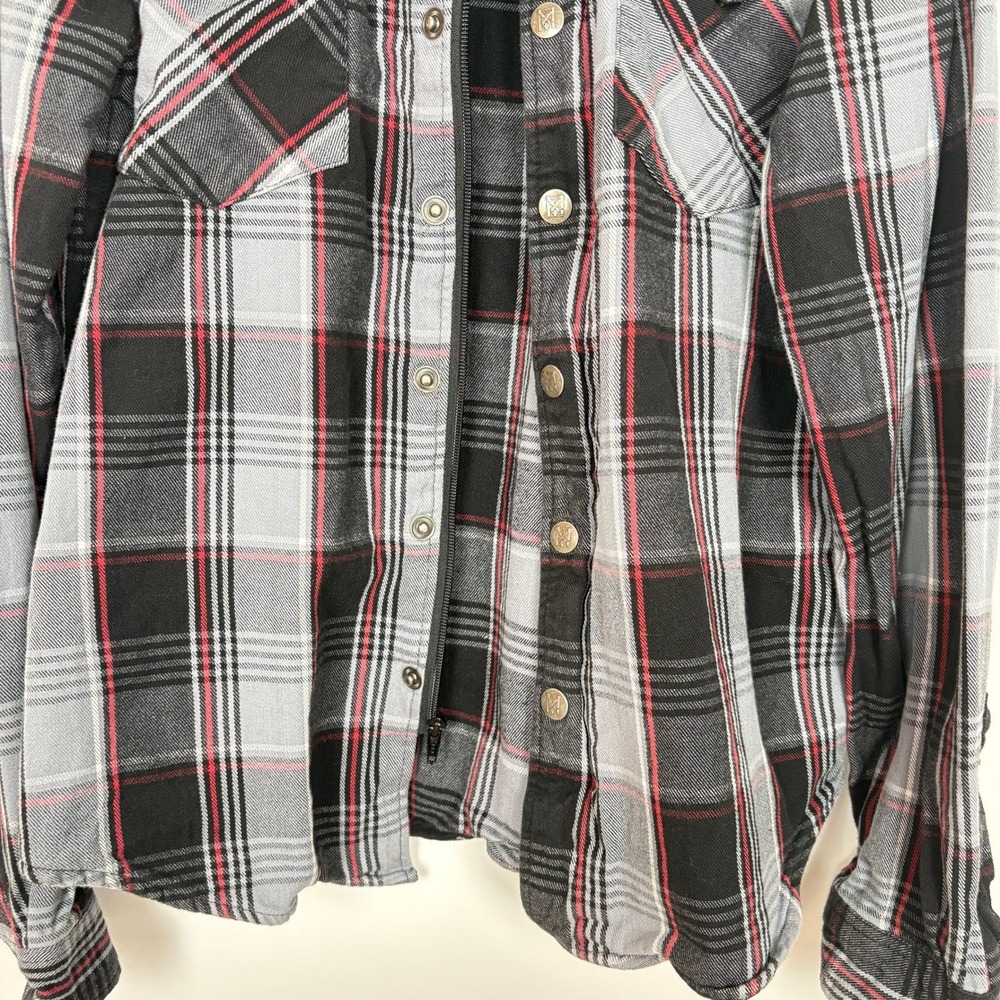 Top Mount Mens Full Zip Snap Grappler Flannel Shirt Size L Black Red Plaid Biker - Picture 15 of 16